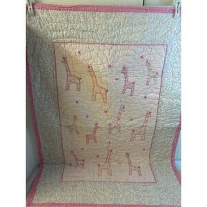 Pottery Barn quilted blanket pink gray giraffe 33"x49"